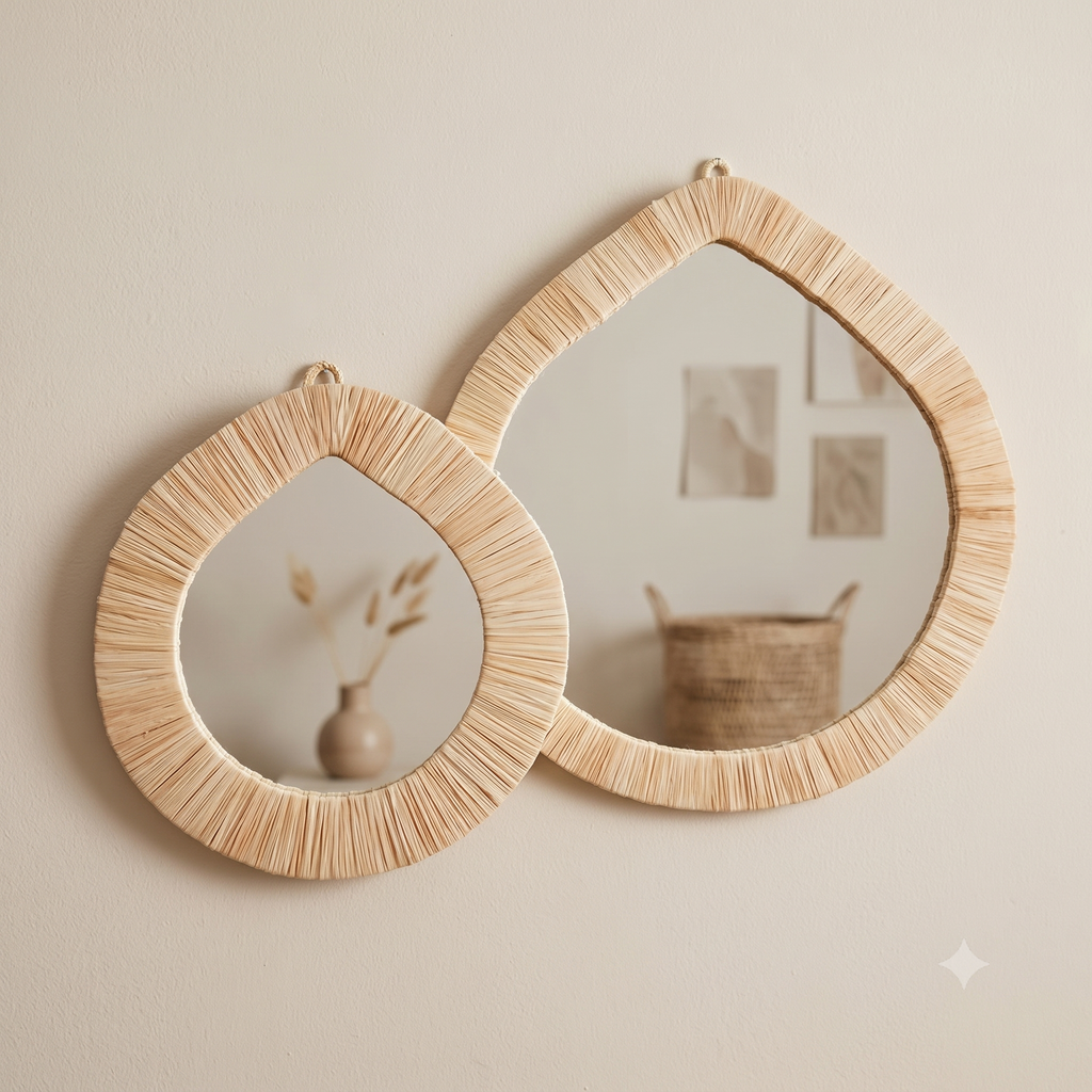 Ensemble de miroirs en forme de goutte avec cadre en raphia