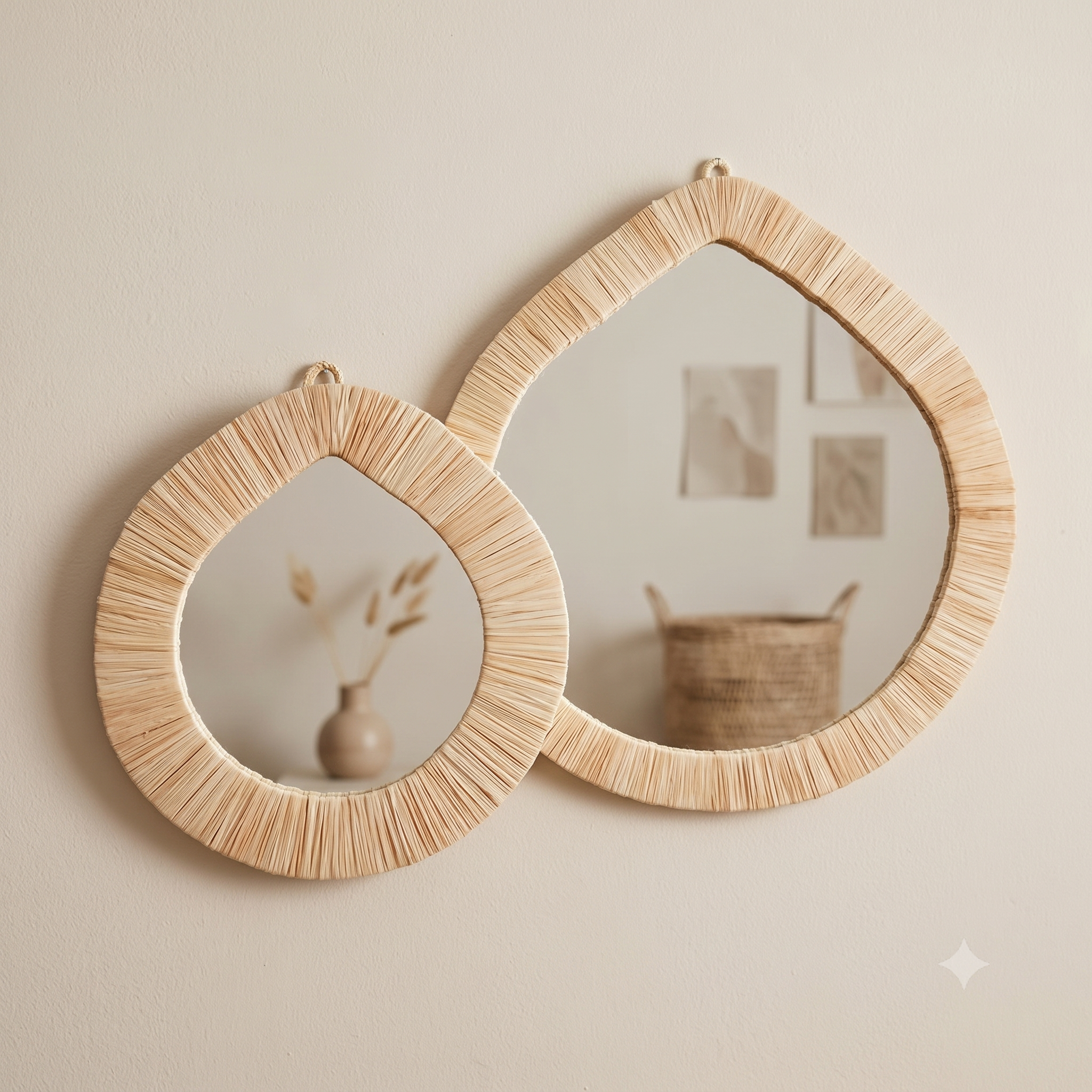 Ensemble de miroirs en forme de goutte avec cadre en raphia