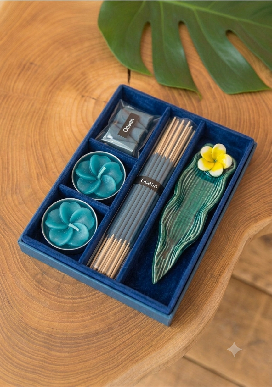 Ensemble cadeau d’encens avec porte-encens en forme de feuille