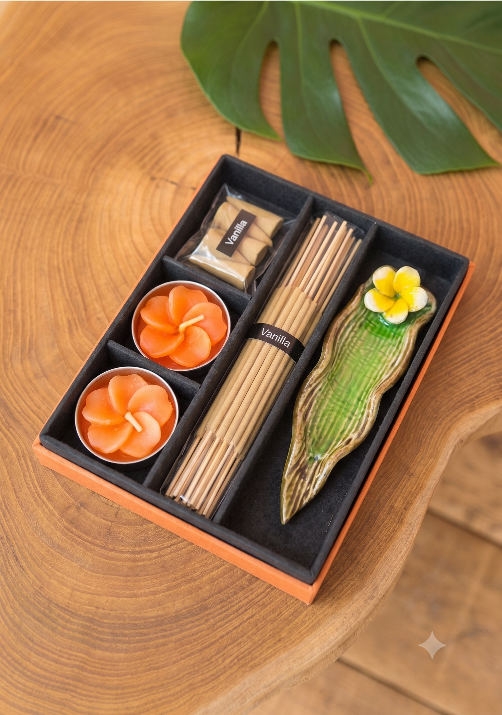 Ensemble cadeau d’encens avec porte-encens en forme de feuille