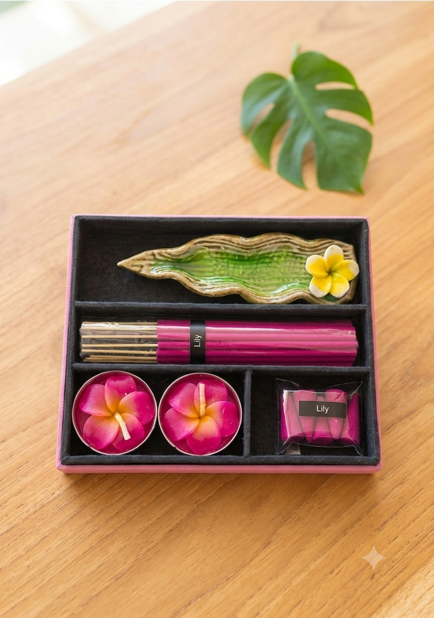 Ensemble cadeau d’encens avec porte-encens en forme de feuille