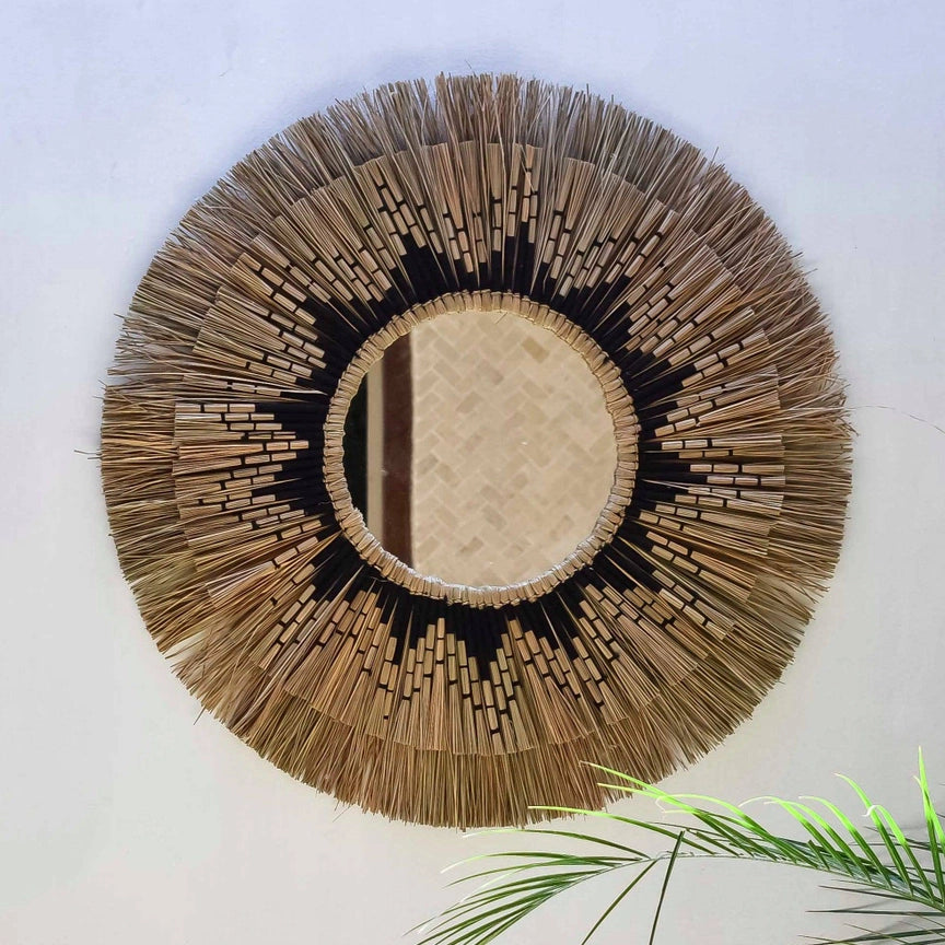 Miroir bohème en herbe de mer naturelle et macramé - Ambon Noir