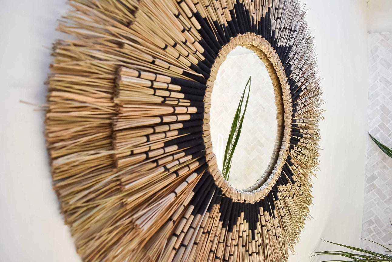 Miroir bohème en herbe de mer naturelle et macramé - Ambon Noir