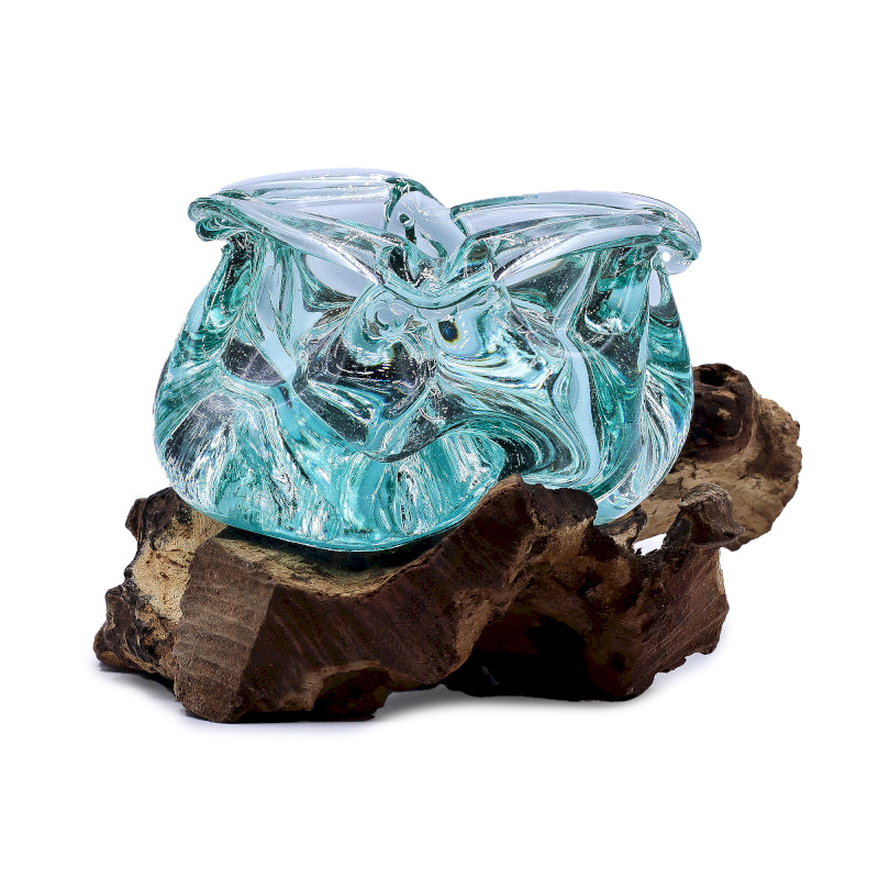 Cendrier / bougeoir épais en verre soufflé sur bois – 23 cm