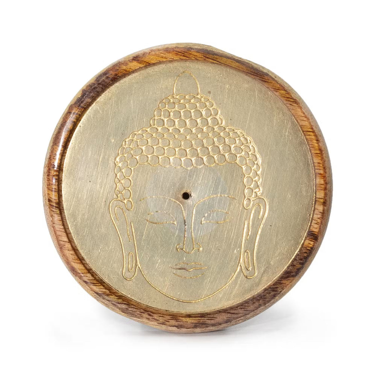 Porte-encens disque doré en bois de manguier – Tête de Bouddha. Lot de 2