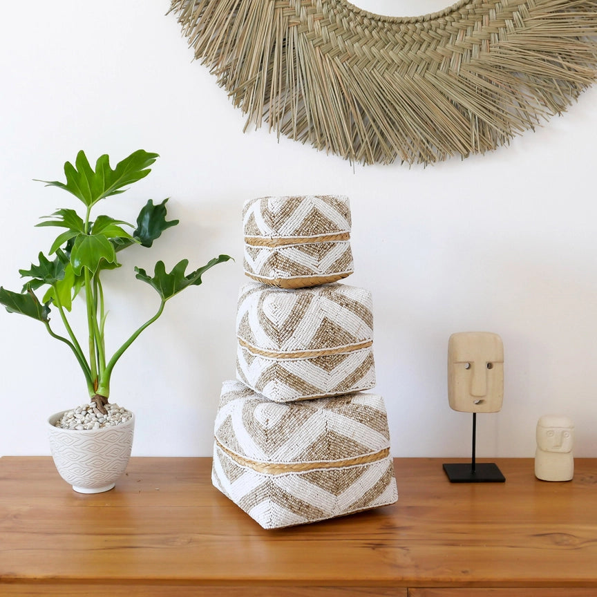 Ensemble de 3 boîtes décoratives en bambou tissé avec perles