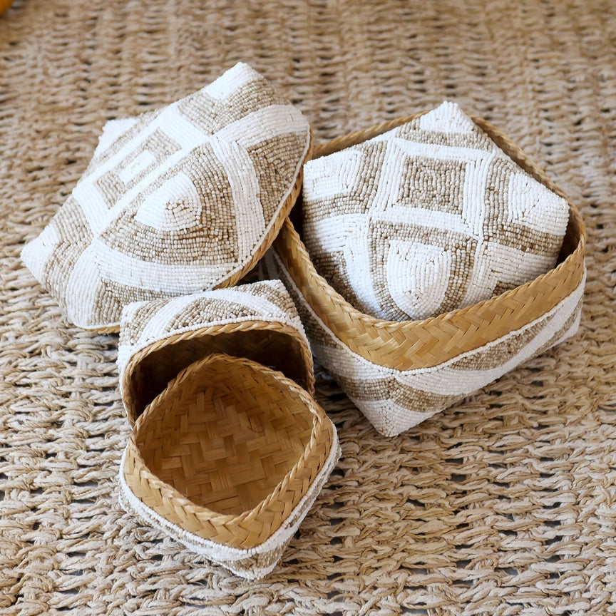 Ensemble de 3 boîtes décoratives en bambou tissé avec perles
