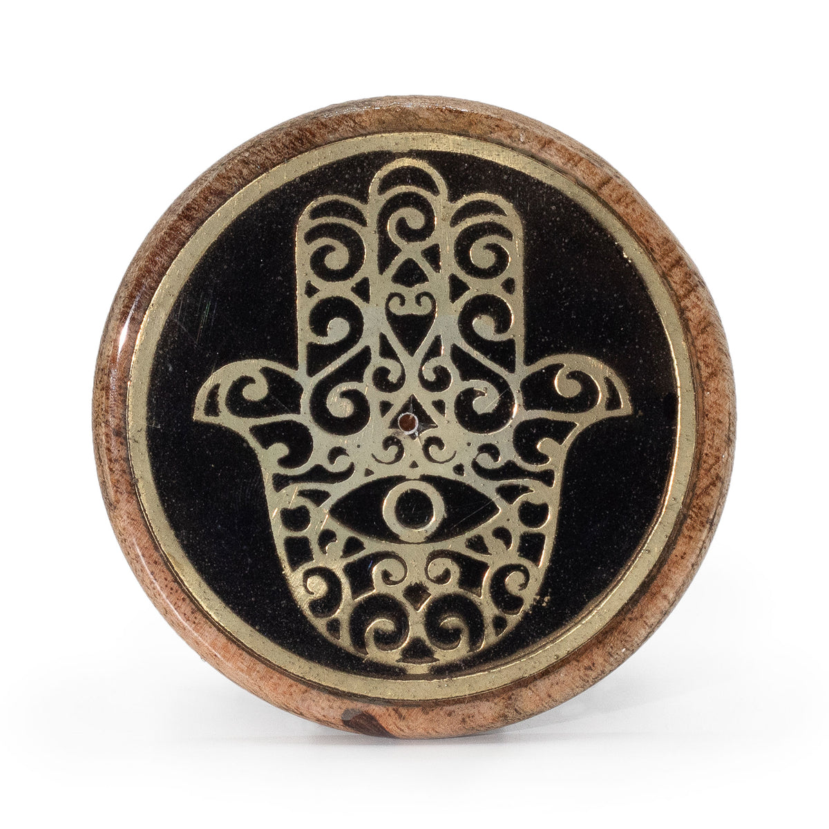 Porte-encens disque - Or et noir sur bois de manguier – Hamsa. Lot de 2
