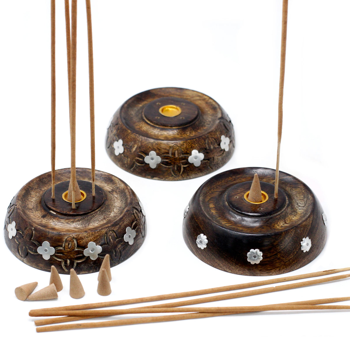 Porte-encens pour cônes et bâtonnets en bois de manguier Lot de 3