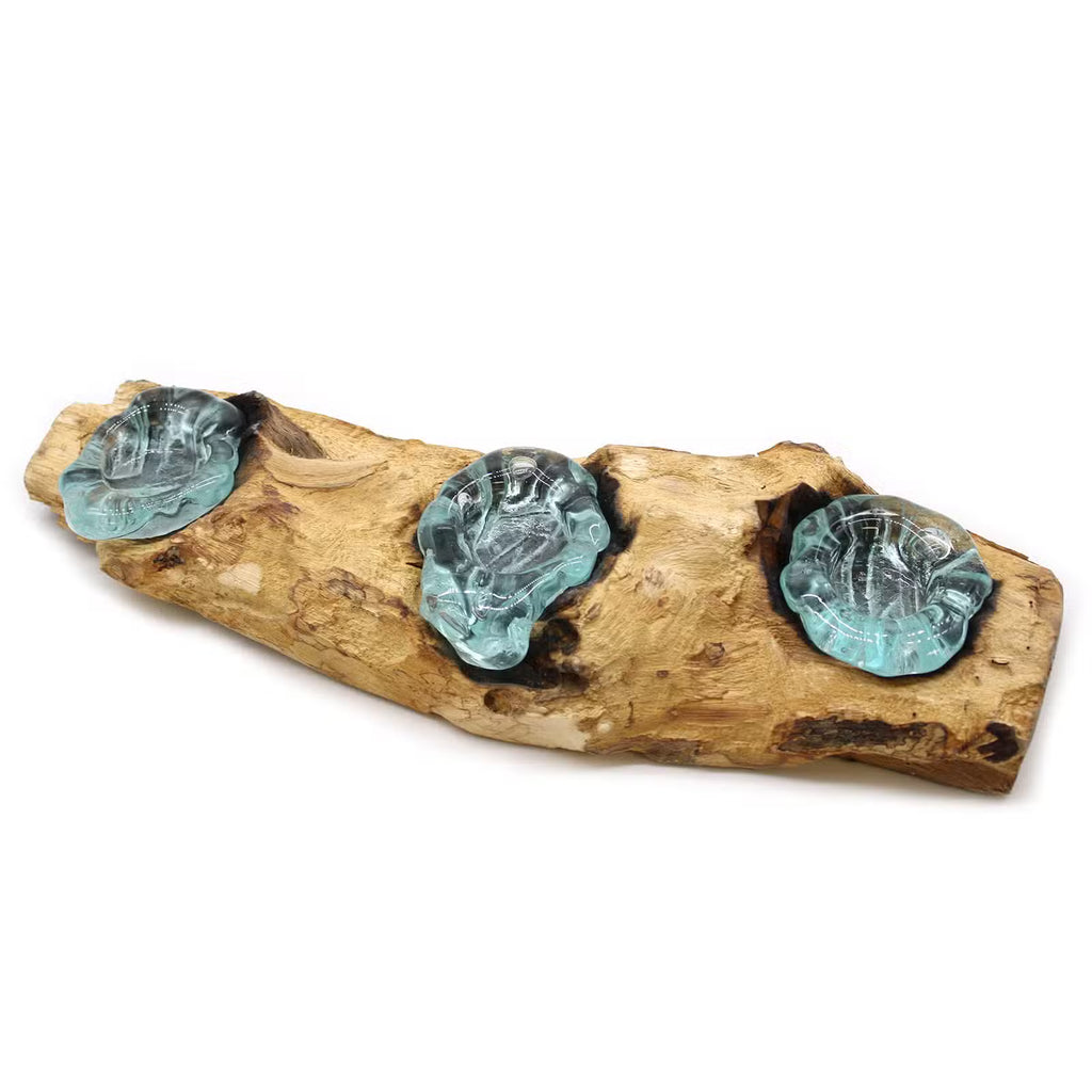 Bougeoir Plat Triple en Verre Soufflé sur Bois