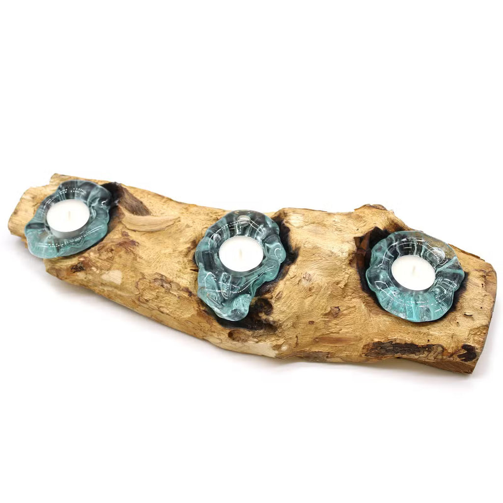 Bougeoir Plat Triple en Verre Soufflé sur Bois