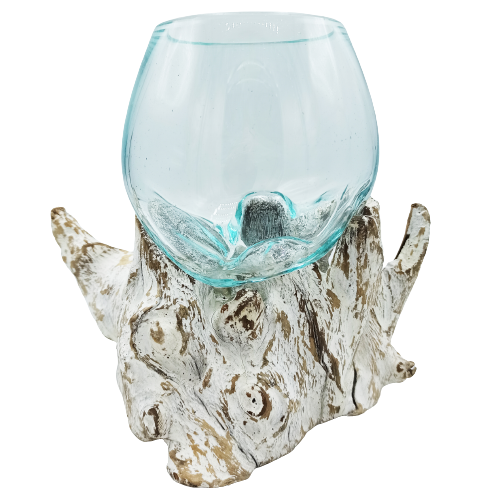 Vase en verre soufflé sur bois blanchi - Bol moyen