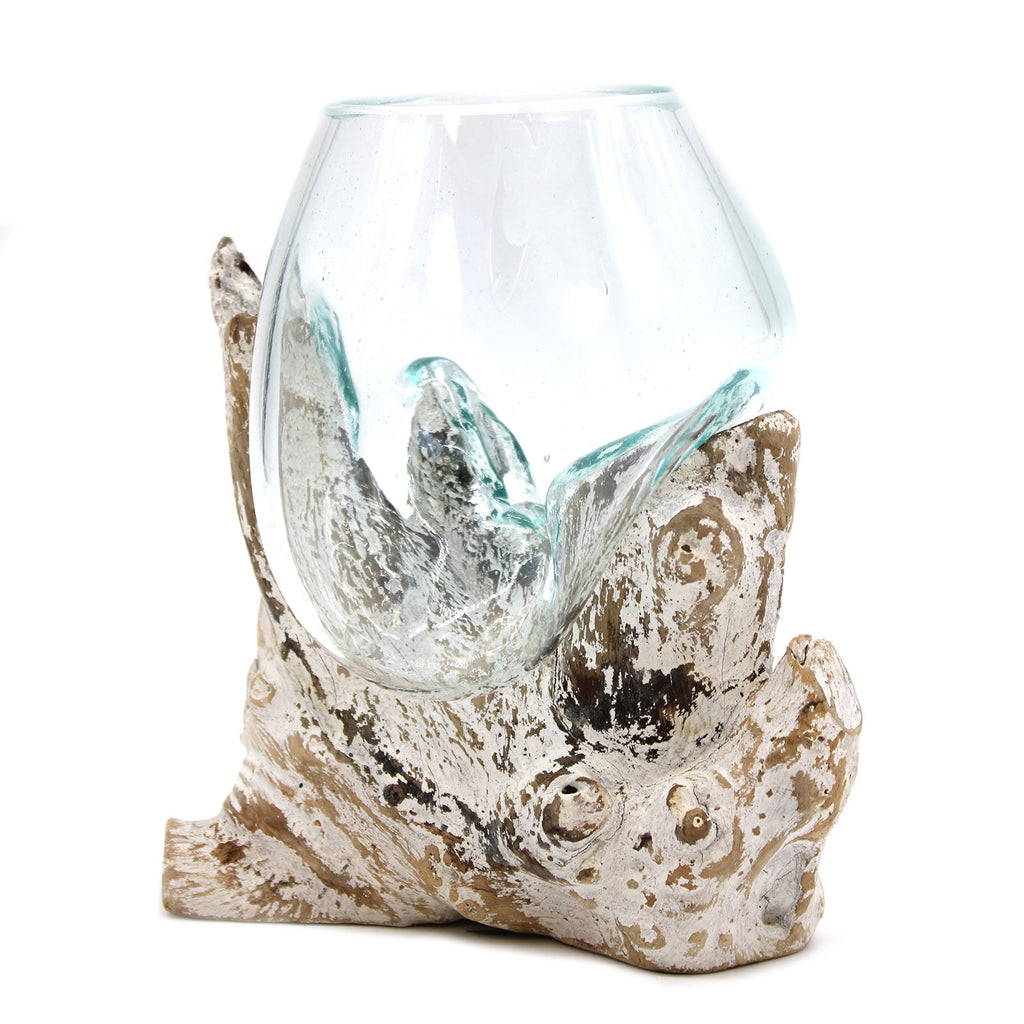 Vase en verre soufflé sur bois blanchi - Bol moyen